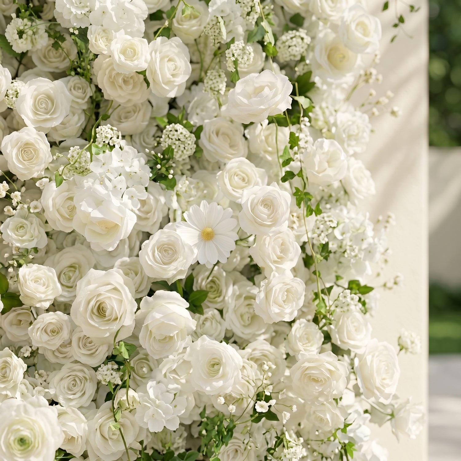 Rosiva:Luxury 5D All-White Floral Wall with Greenery Roll-Up Backdrop for Rustic Garden Weddings