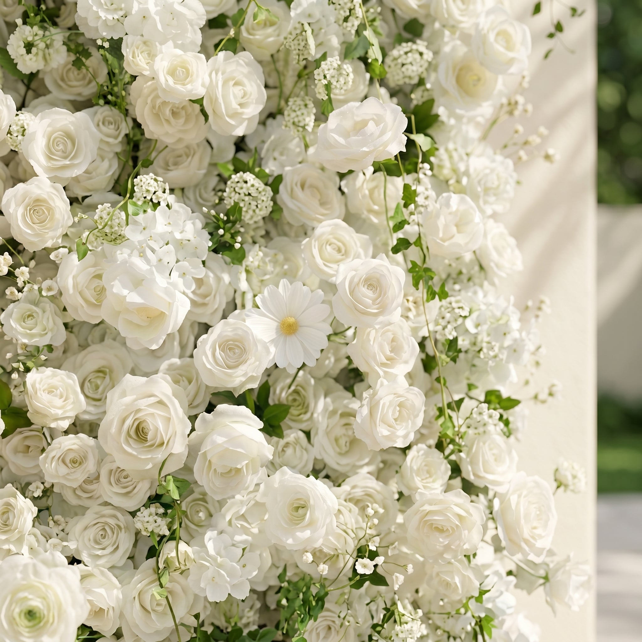 Rosiva:Luxury 5D All-White Floral Wall with Greenery Roll-Up Backdrop for Rustic Garden Weddings