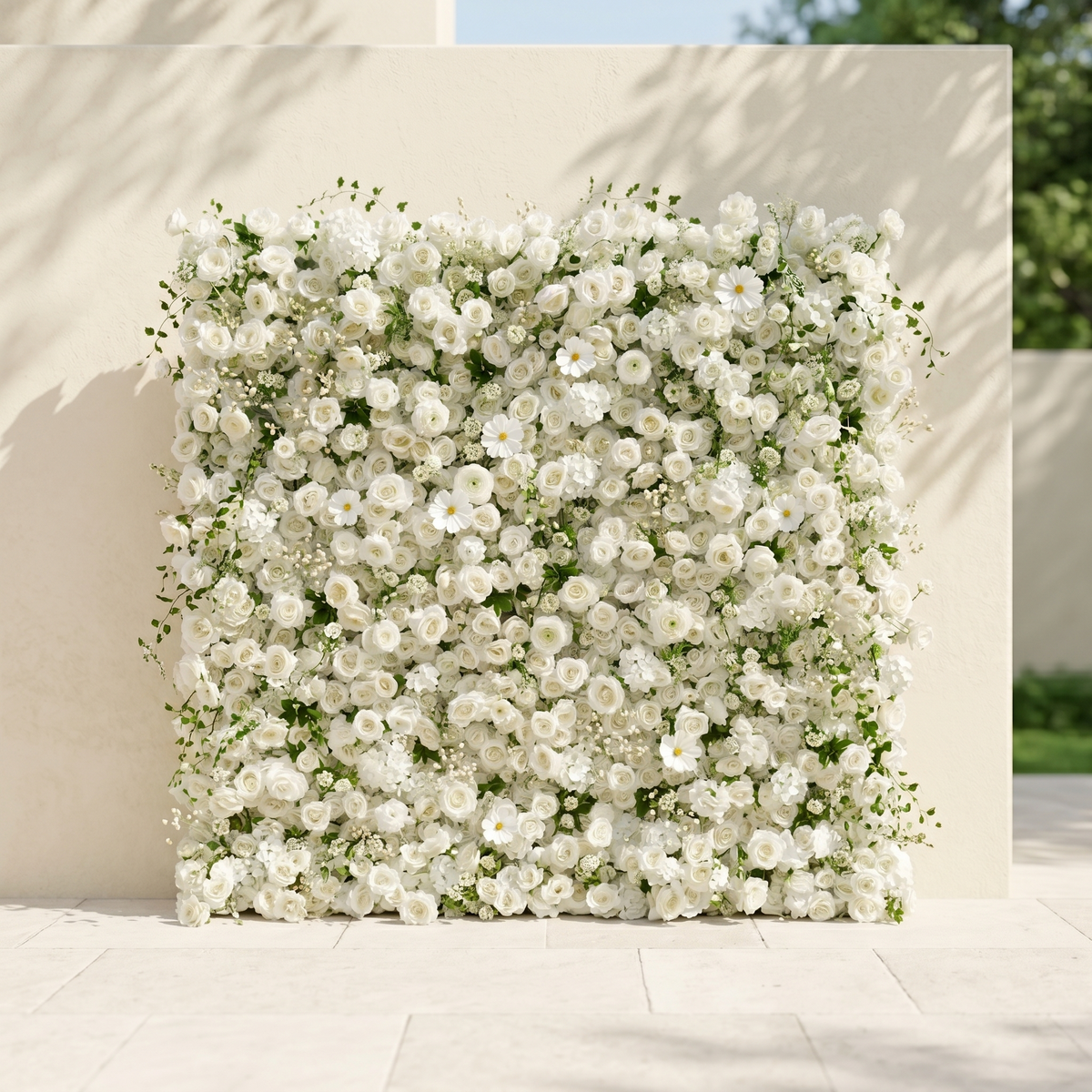 Rosiva:Luxury 5D All-White Floral Wall with Greenery Roll-Up Backdrop for Rustic Garden Weddings