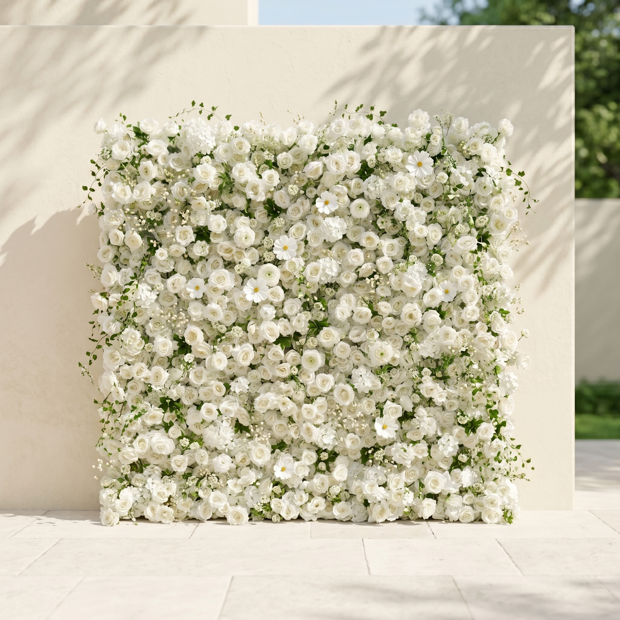 Rosiva:Luxury 5D All-White Floral Wall with Greenery Roll-Up Backdrop for Rustic Garden Weddings