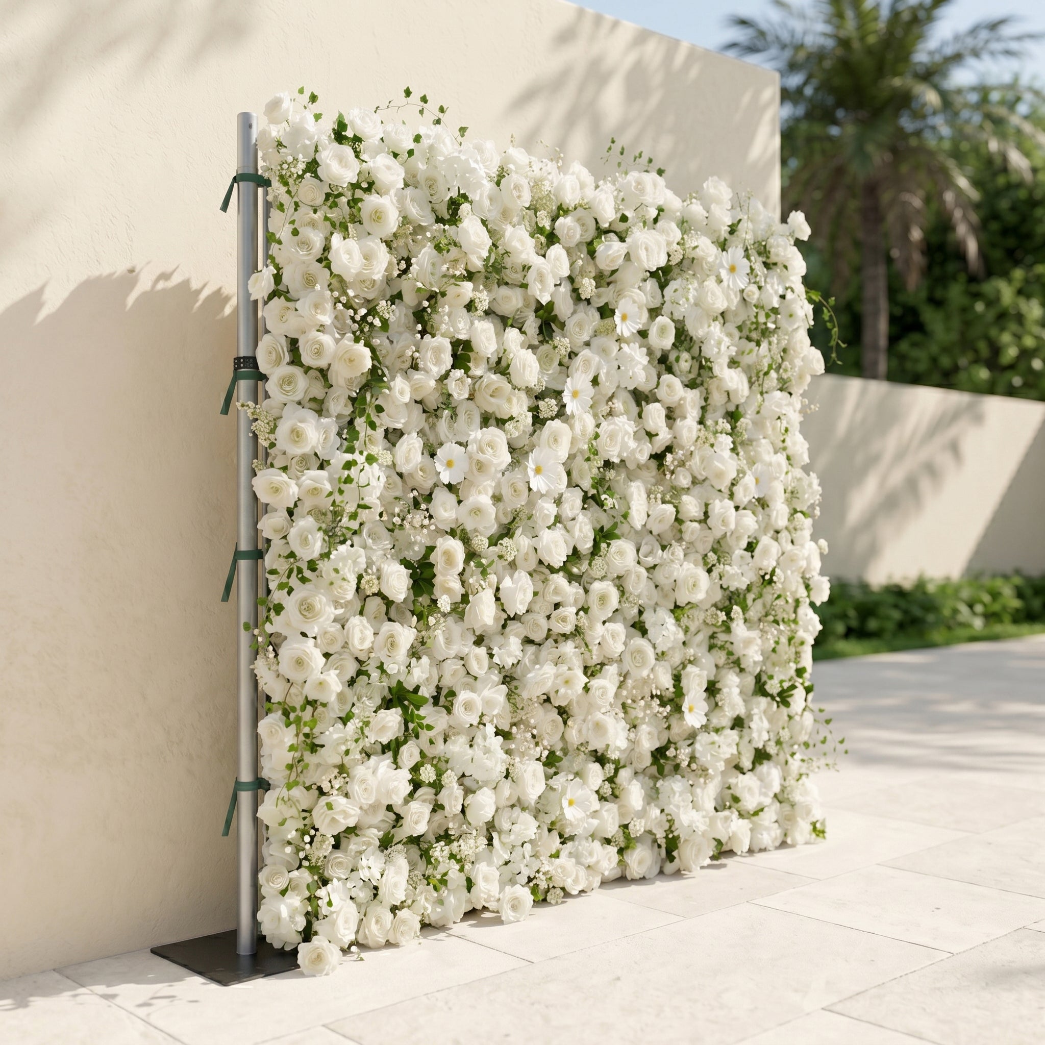 Rosiva:Luxury 5D All-White Floral Wall with Greenery Roll-Up Backdrop for Rustic Garden Weddings