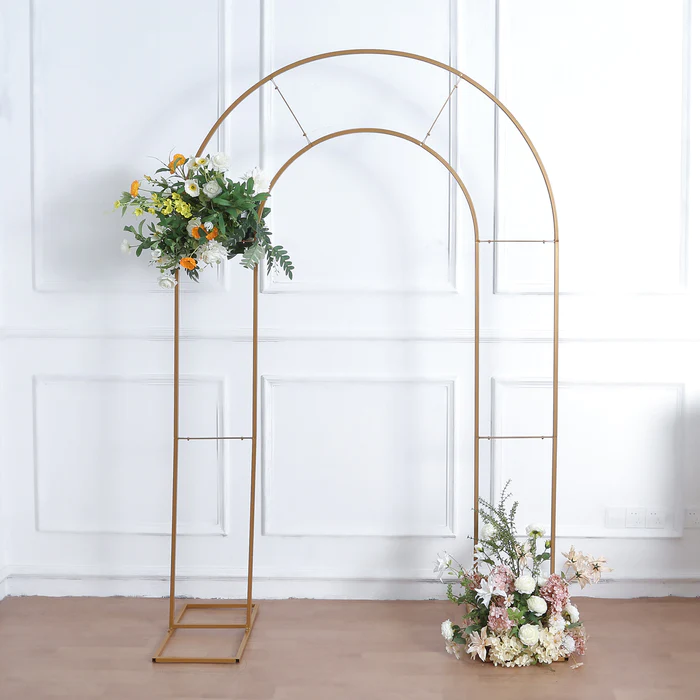 S015: Gold Metal Round Top Double Arch Wedding Ceremony Stand Rose Morning