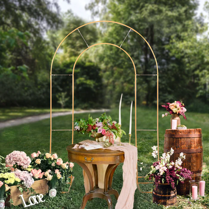 S015: Gold Metal Round Top Double Arch Wedding Ceremony Stand Rose Morning