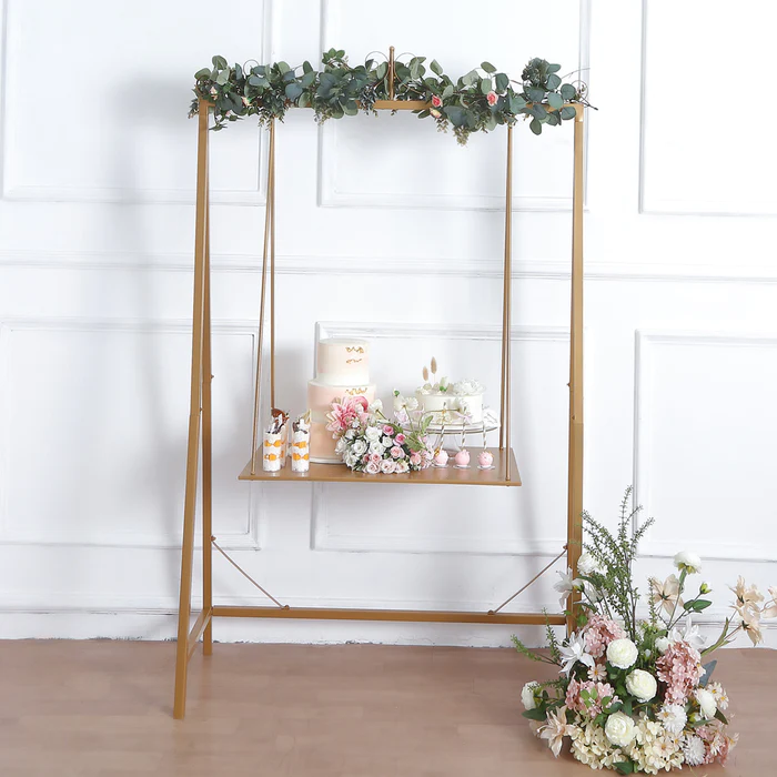 S037:  Gold Metal Elegant Hanging Cake Swing Floor Stand Dessert Display Serving Station for Wedding Rose Morning