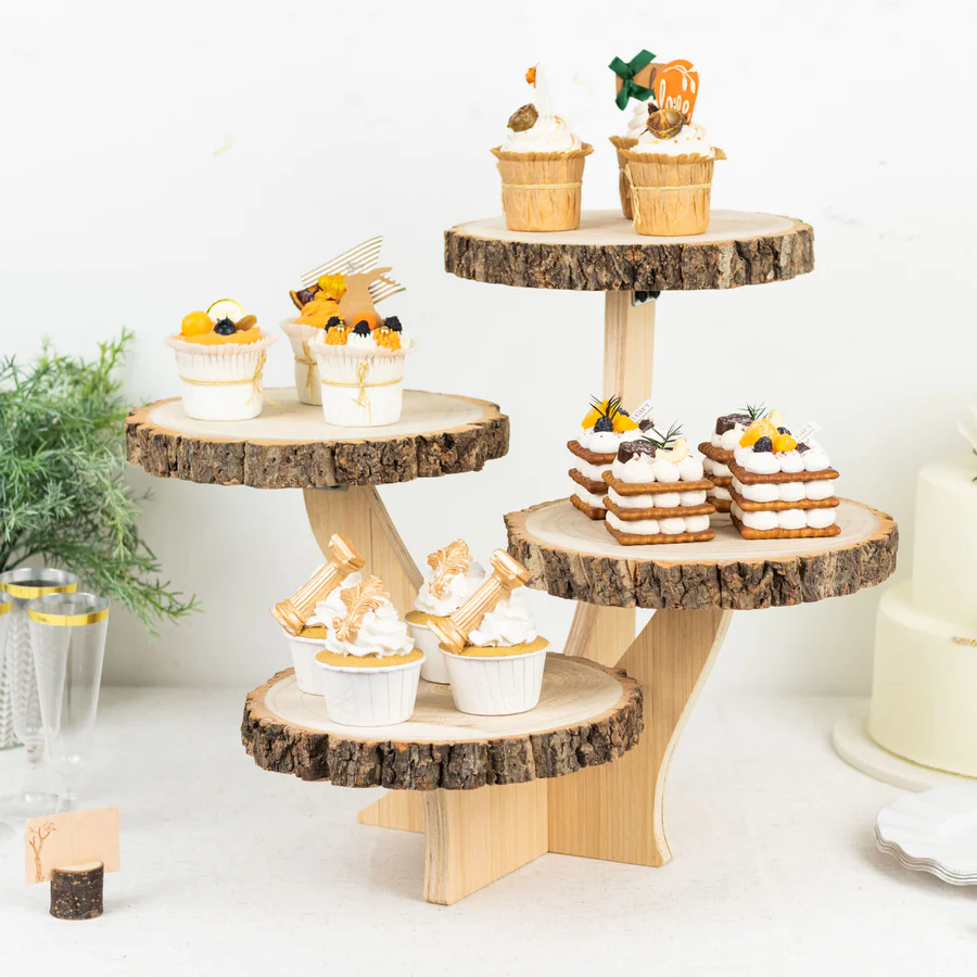 S038: Natural Rustic Wood Slice Cake Stand, Farmhouse Style Dessert Holder Cupcake Stand Rose Morning