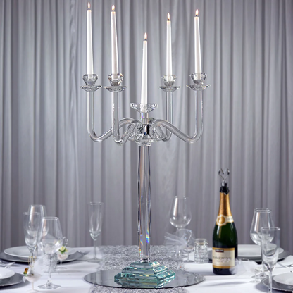 S039: 5 Arm Premium Crystal Glass Taper Candle Holder Candelabra Stand Rose Morning