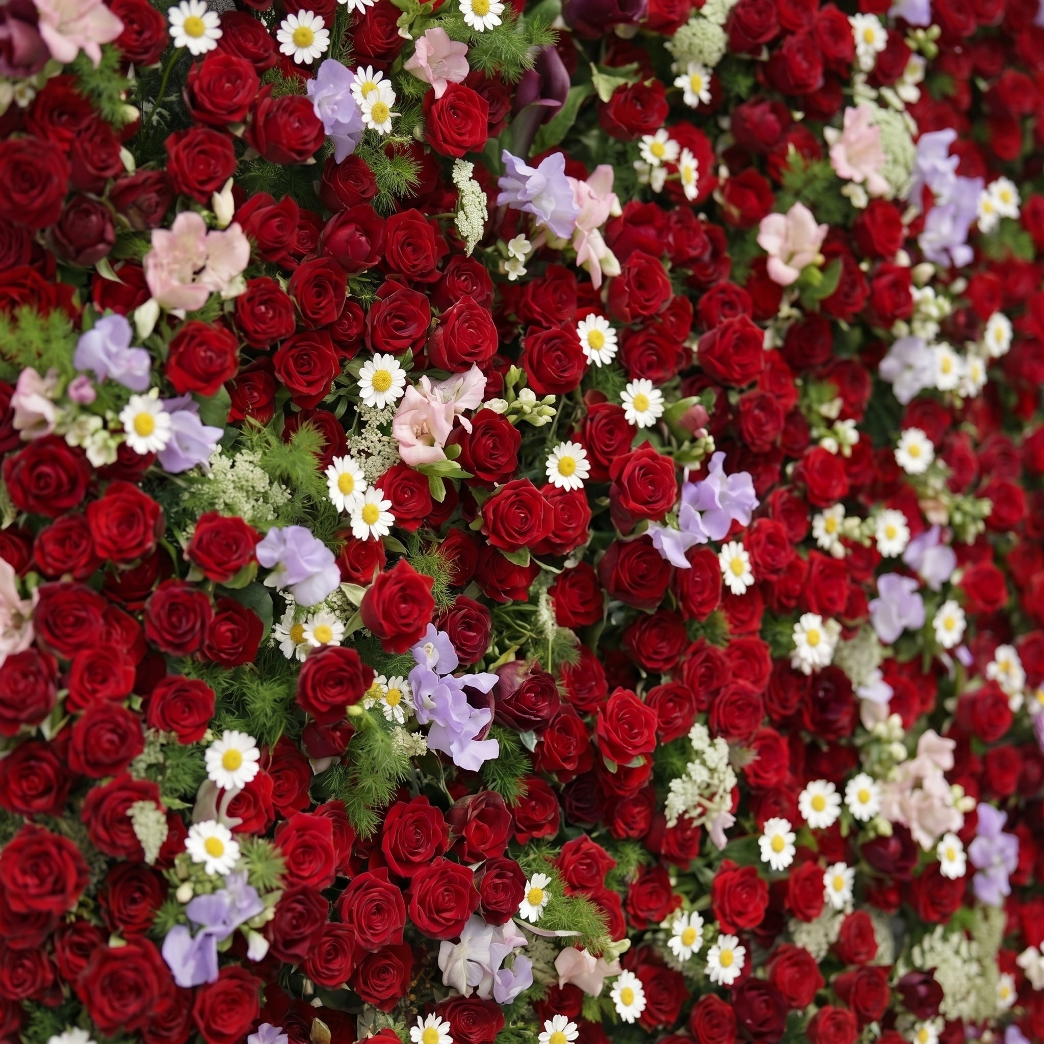 Sabbelle: Luxury 4D Ruby Red Rose Silk Floral Wall Backdrop with White Daisy &amp; Lavender Accents for Romantic Weddings