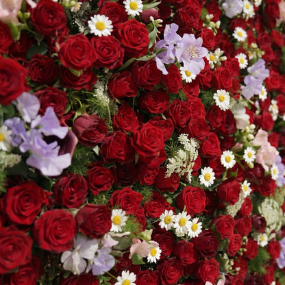 Sabbelle: Luxury 4D Ruby Red Rose Silk Floral Wall Backdrop with White Daisy &amp; Lavender Accents for Romantic Weddings