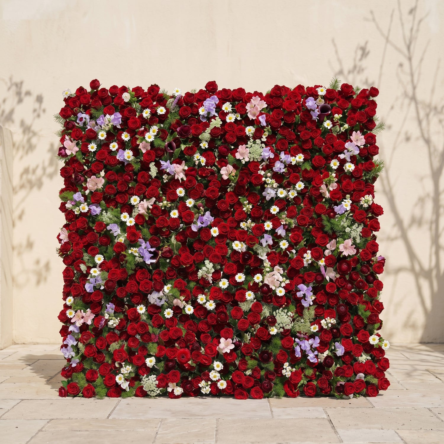 Sabbelle: Luxury 4D Ruby Red Rose Silk Floral Wall Backdrop with White Daisy &amp; Lavender Accents for Romantic Weddings