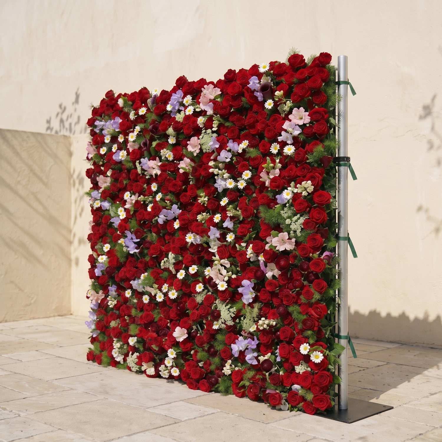 Sabbelle: Luxury 4D Ruby Red Rose Silk Floral Wall Backdrop with White Daisy &amp; Lavender Accents for Romantic Weddings