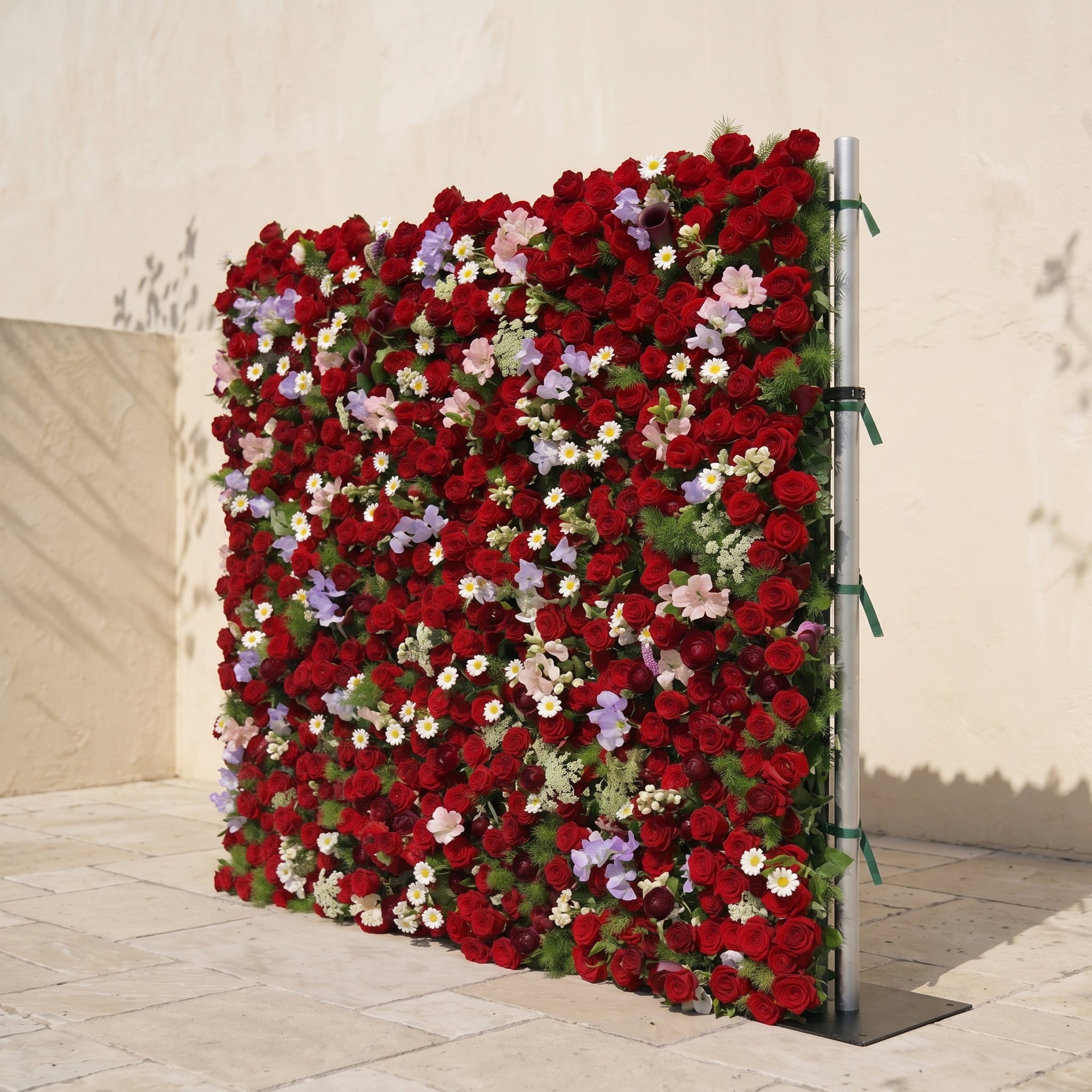 Sabbelle: Luxury 4D Ruby Red Rose Silk Floral Wall Backdrop with White Daisy &amp; Lavender Accents for Romantic Weddings