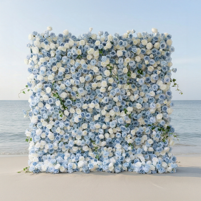 Sapphira: Luxury 5D Serene Blue &amp; Cream Silk Floral Wall Roll-Up Fabric Backdrop for Seaside Weddings &amp; Events