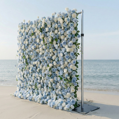 Sapphira: Luxury 5D Serene Blue &amp; Cream Silk Floral Wall Roll-Up Fabric Backdrop for Seaside Weddings &amp; Events