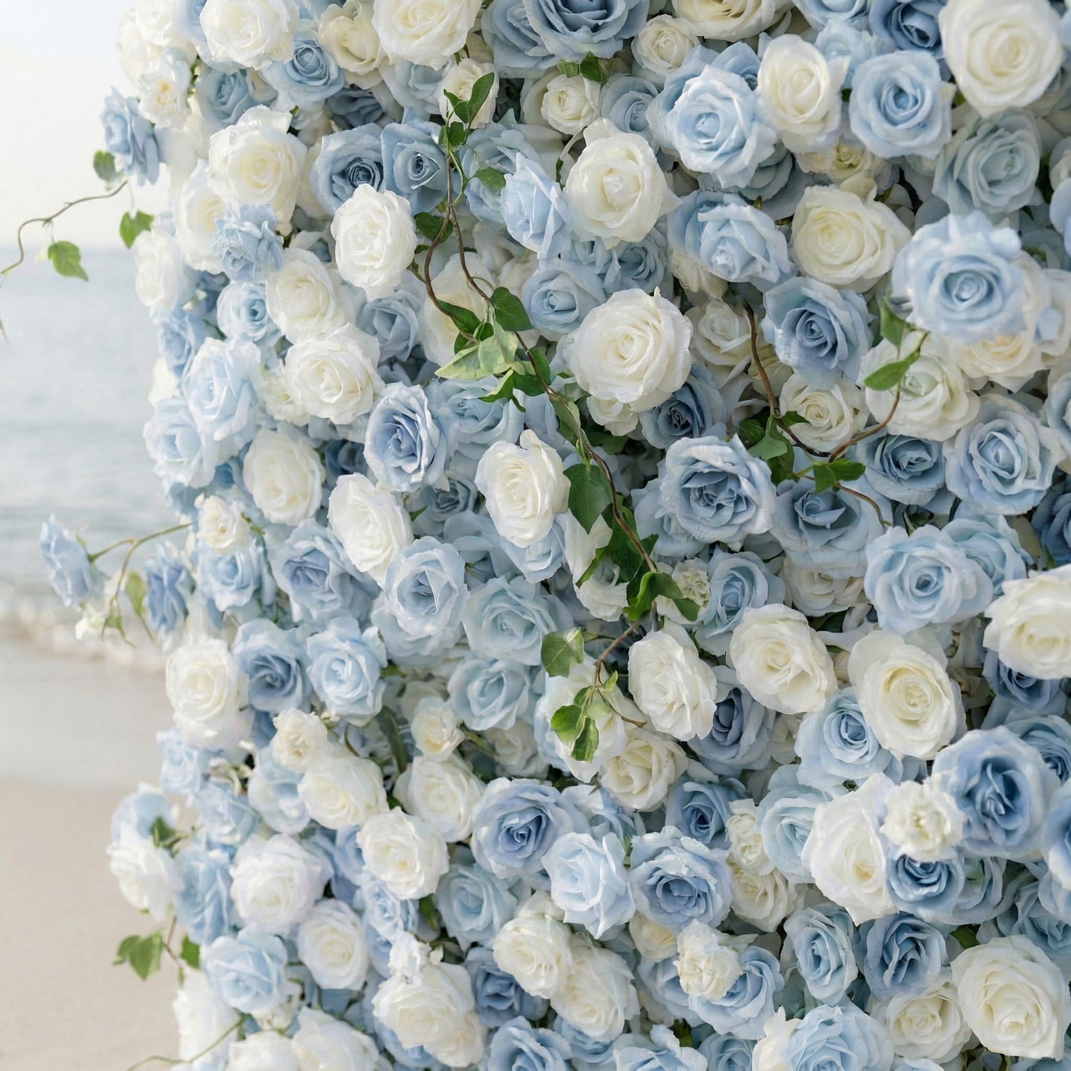 Sapphira: Luxury 5D Serene Blue &amp; Cream Silk Floral Wall Roll-Up Fabric Backdrop for Seaside Weddings &amp; Events
