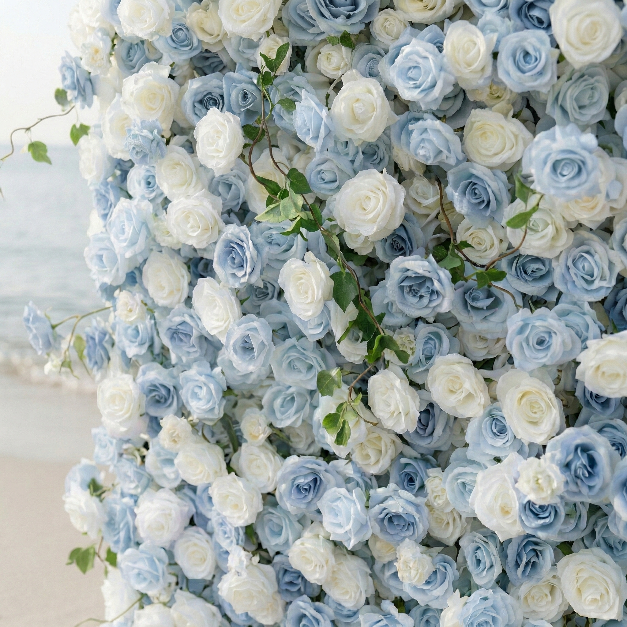 Sapphira: Luxury 5D Serene Blue &amp; Cream Silk Floral Wall Roll-Up Fabric Backdrop for Seaside Weddings &amp; Events