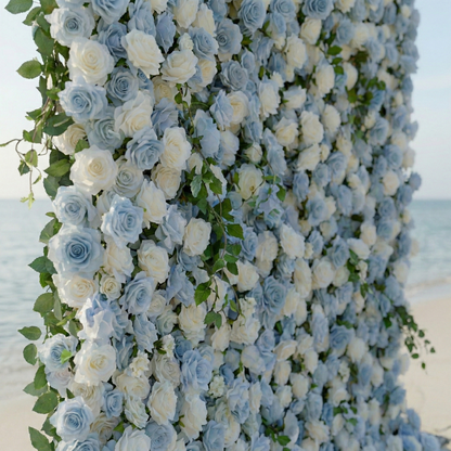 Sapphira: Luxury 5D Serene Blue &amp; Cream Silk Floral Wall Roll-Up Fabric Backdrop for Seaside Weddings &amp; Events