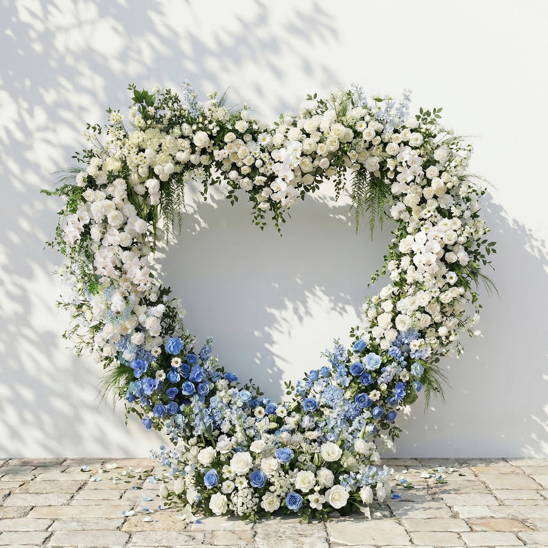 Serelya: Heart-Shaped Blue and White Silk Rose Flower Arch Floral Arrangement for Coastal Weddings