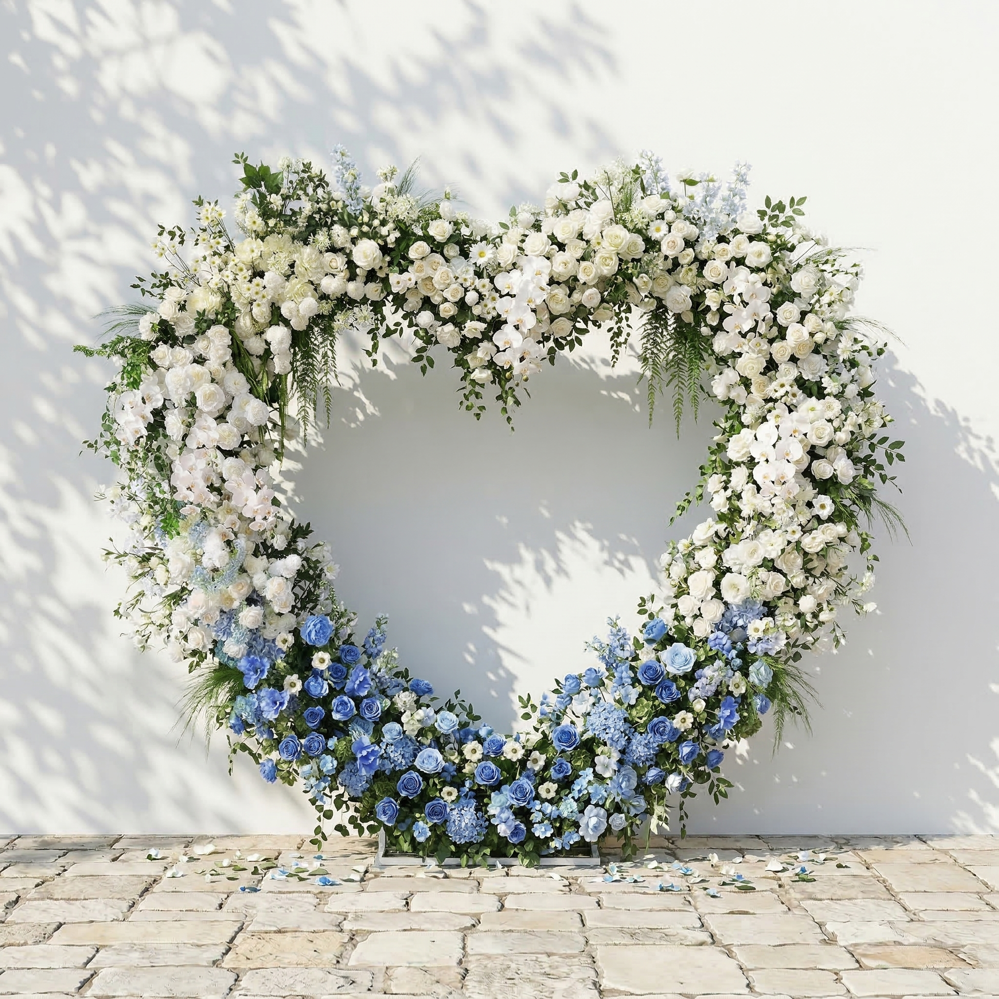 Serelya: Heart-Shaped Blue and White Silk Rose Flower Arch Floral Arrangement for Coastal Weddings