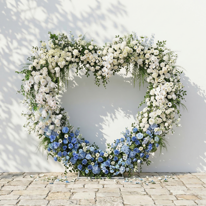Serelya: Heart-Shaped Blue and White Silk Rose Flower Arch Floral Arrangement for Coastal Weddings