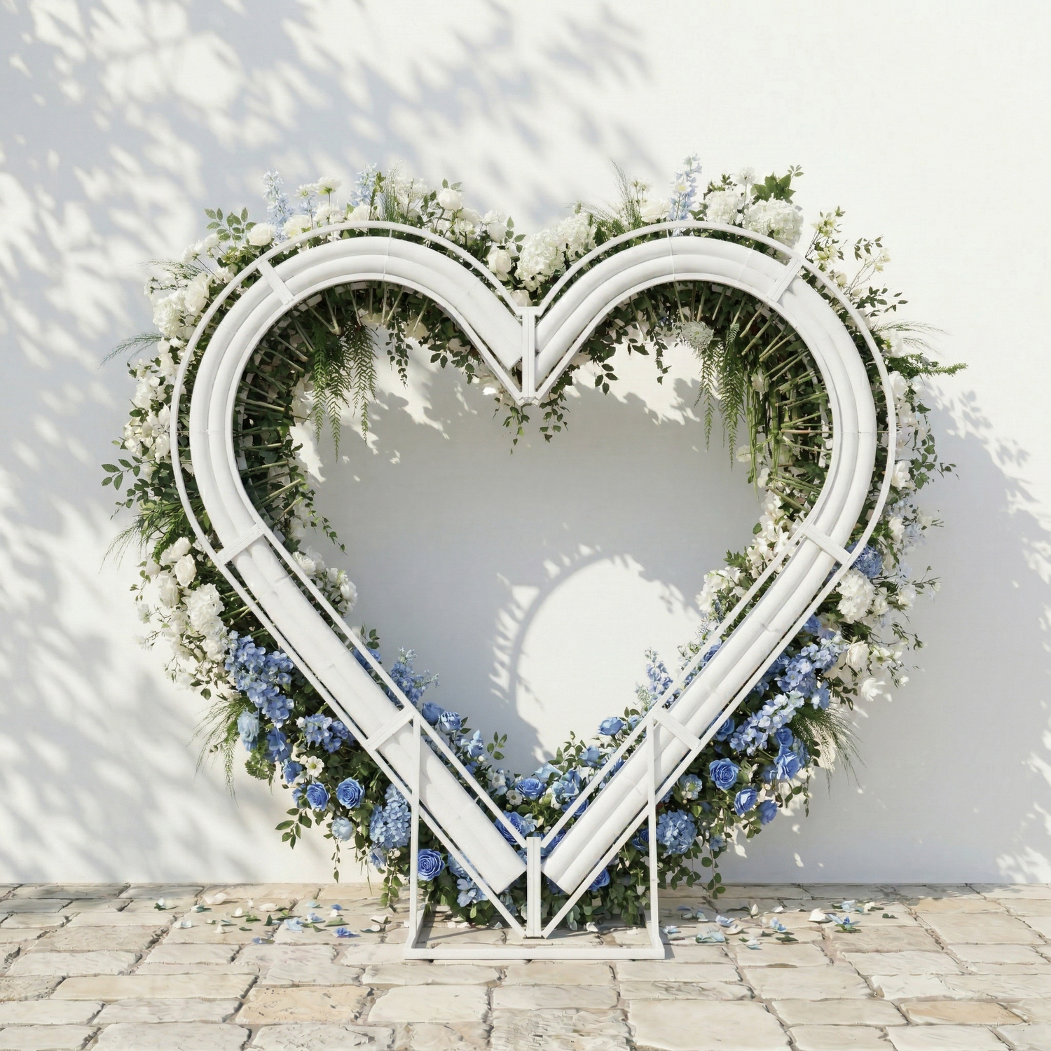 Serelya: Heart-Shaped Blue and White Silk Rose Flower Arch Floral Arrangement for Coastal Weddings