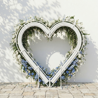 Serelya: Heart-Shaped Blue and White Silk Rose Flower Arch Floral Arrangement for Coastal Weddings