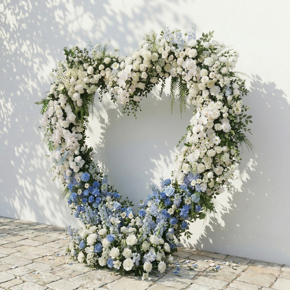 Serelya: Heart-Shaped Blue and White Silk Rose Flower Arch Floral Arrangement for Coastal Weddings