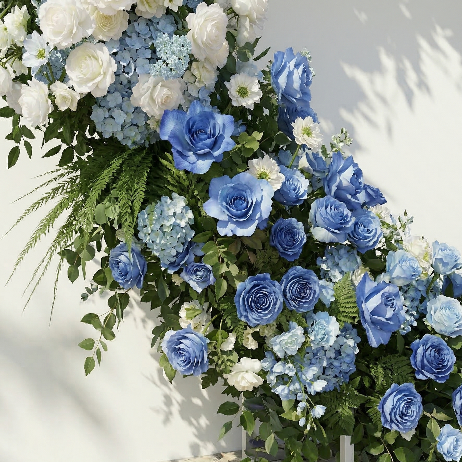 Serelya: Heart-Shaped Blue and White Silk Rose Flower Arch Floral Arrangement for Coastal Weddings