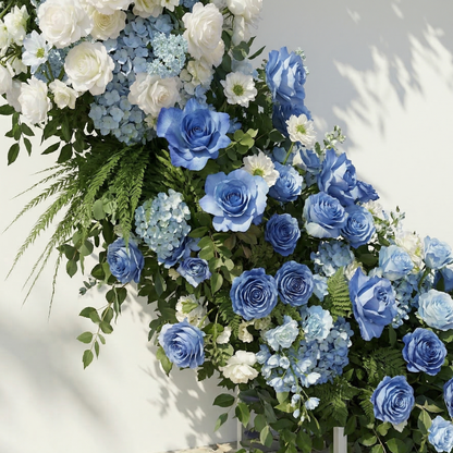 Serelya: Heart-Shaped Blue and White Silk Rose Flower Arch Floral Arrangement for Coastal Weddings