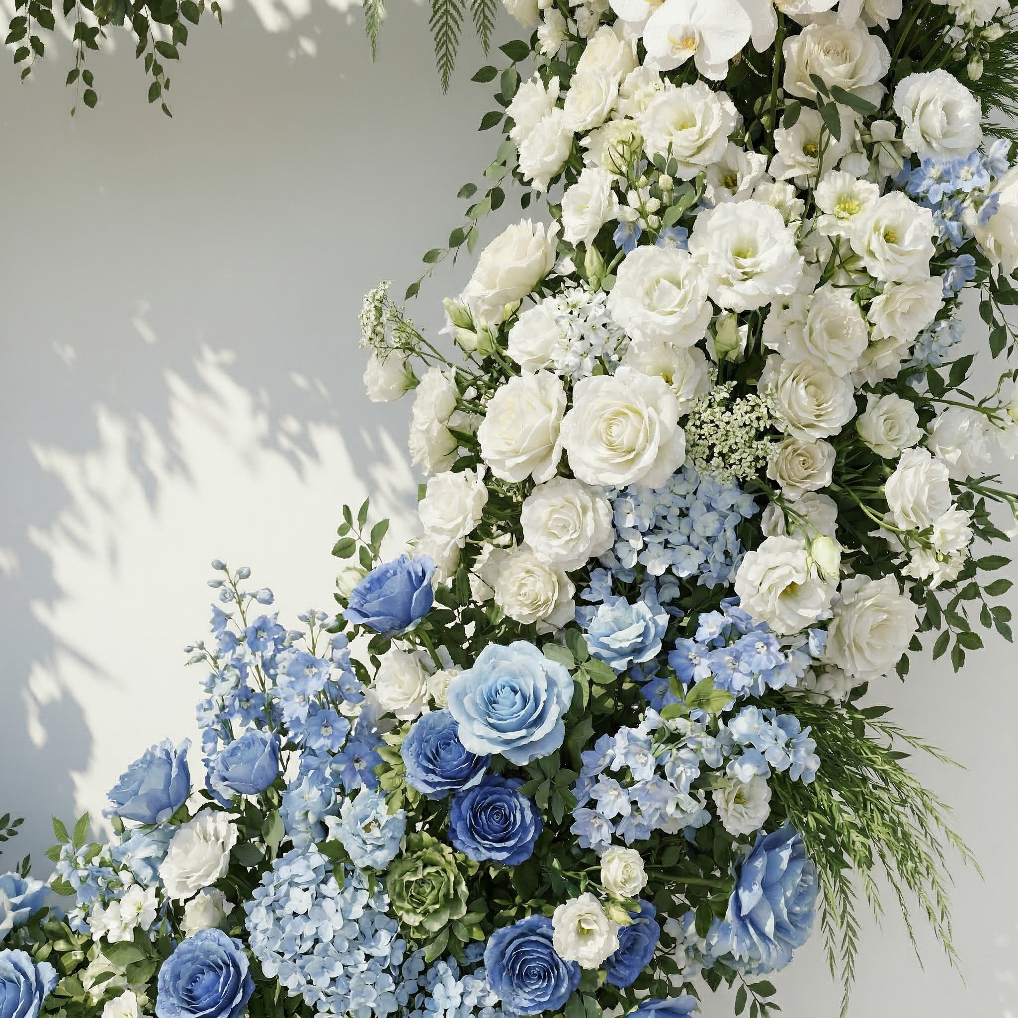 Serelya: Heart-Shaped Blue and White Silk Rose Flower Arch Floral Arrangement for Coastal Weddings