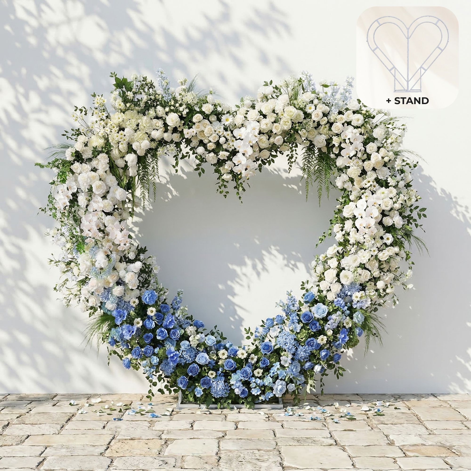 Serelya: Heart-Shaped Blue and White Silk Rose Flower Arch Floral Arrangement for Coastal Weddings