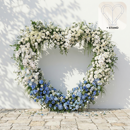 Serelya: Heart-Shaped Blue and White Silk Rose Flower Arch Floral Arrangement for Coastal Weddings