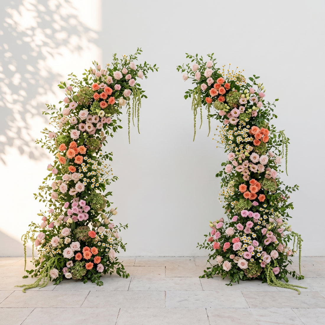 Seriva: Luxury Peach Orange, Blush Pink &amp; Ivory White Silk Floral Ground Horn Arch Arrangement with Soft Yellow Wild Daisy &amp; Lush Cascading Amaranthus Greenery for Romantic Minimalist Weddings &amp; Garden Event Decor Including Frame
