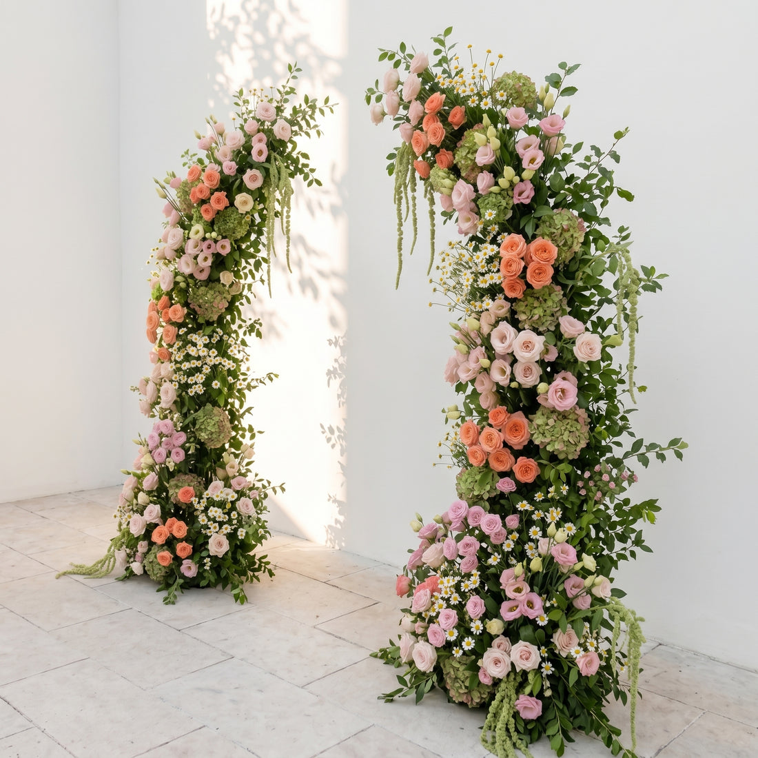 Seriva: Luxury Peach Orange, Blush Pink &amp; Ivory White Silk Floral Ground Horn Arch Arrangement with Soft Yellow Wild Daisy &amp; Lush Cascading Amaranthus Greenery for Romantic Minimalist Weddings &amp; Garden Event Decor Including Frame