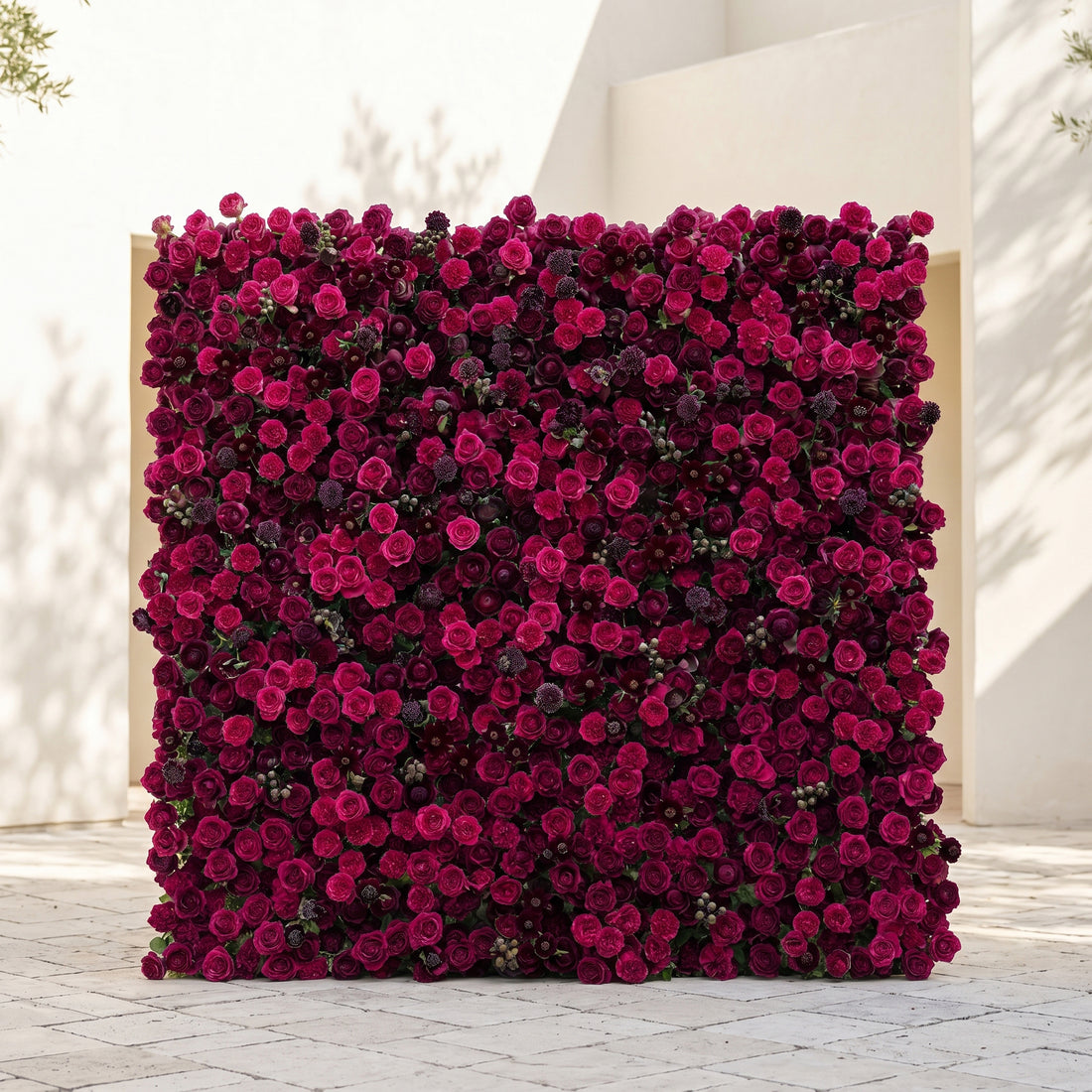 Soliva: Luxury 4D Deep Berry &amp; Magenta Silk Floral Wall Backdrop for Sophisticated Moody Weddings &amp; Galas