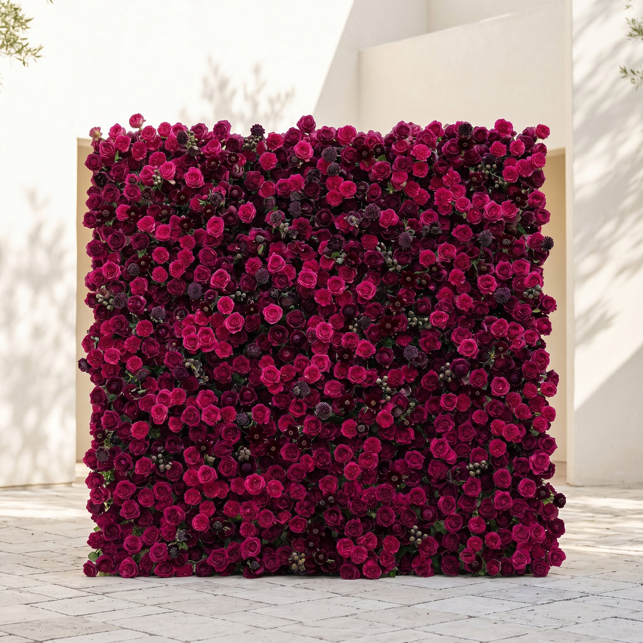 Soliva: Luxury 4D Deep Berry &amp; Magenta Silk Floral Wall Backdrop for Sophisticated Moody Weddings &amp; Galas