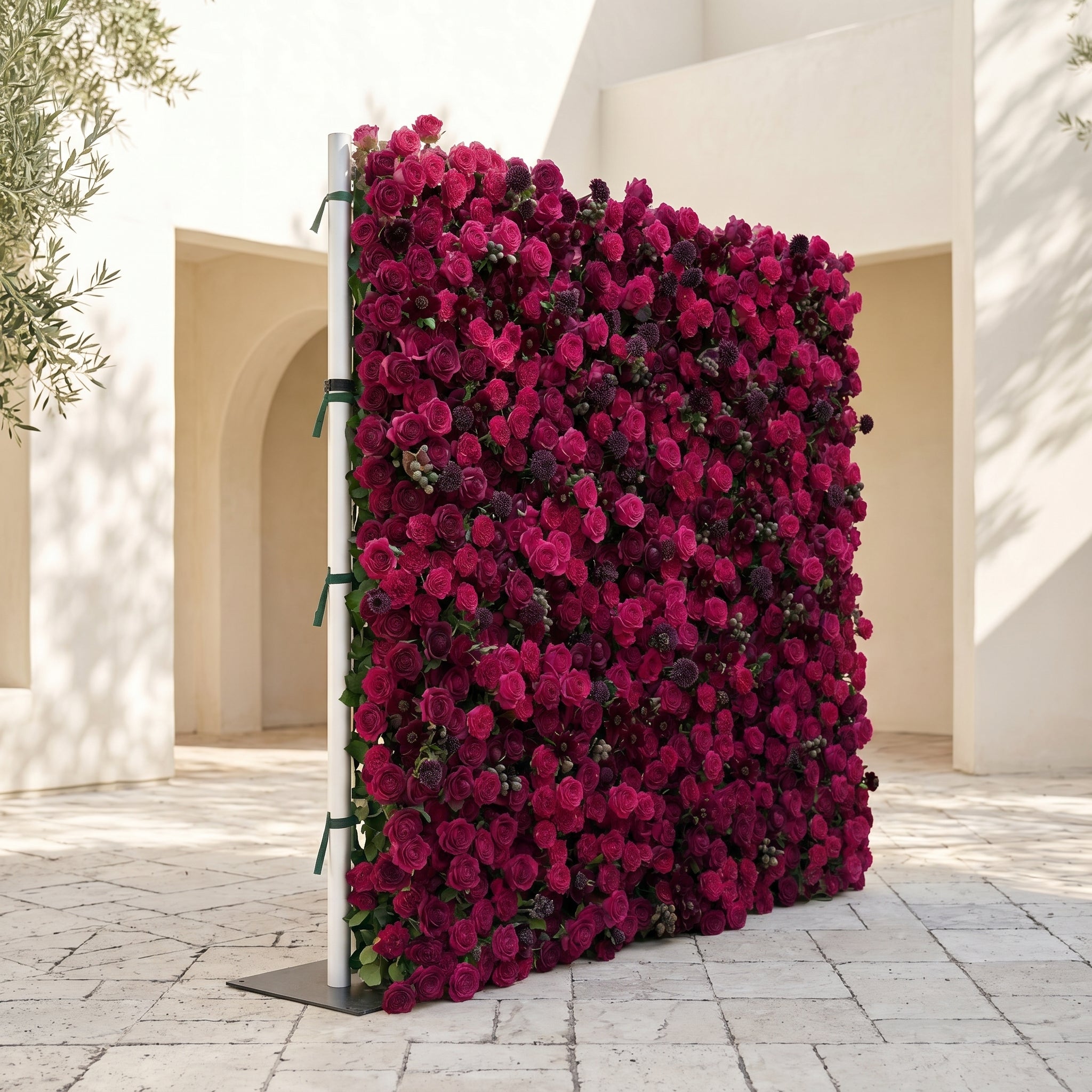 Soliva: Luxury 4D Deep Berry &amp; Magenta Silk Floral Wall Backdrop for Sophisticated Moody Weddings &amp; Galas