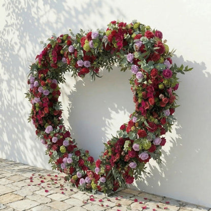 Solmira: Luxury Berry-Toned &amp; Pale Purple Heart Flower Arch with Mixed Foliage for Proposal Decor