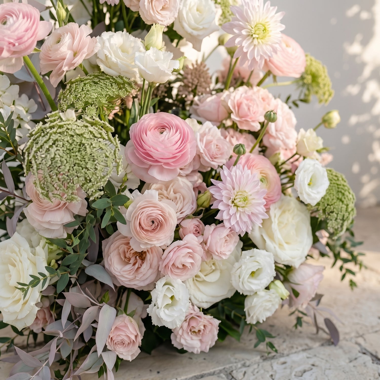 Sorelia:Luxury Blush Pink, Ivory White &amp; Soft Sorelia Silk Floral Ground Horn Arch Arrangement with Lush Cascading Greenery for Romantic Minimalist Weddings &amp; Garden Event Decor Including Frame