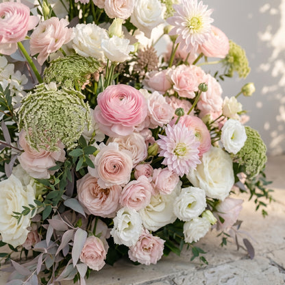 Sorelia:Luxury Blush Pink, Ivory White &amp; Soft Sorelia Silk Floral Ground Horn Arch Arrangement with Lush Cascading Greenery for Romantic Minimalist Weddings &amp; Garden Event Decor Including Frame
