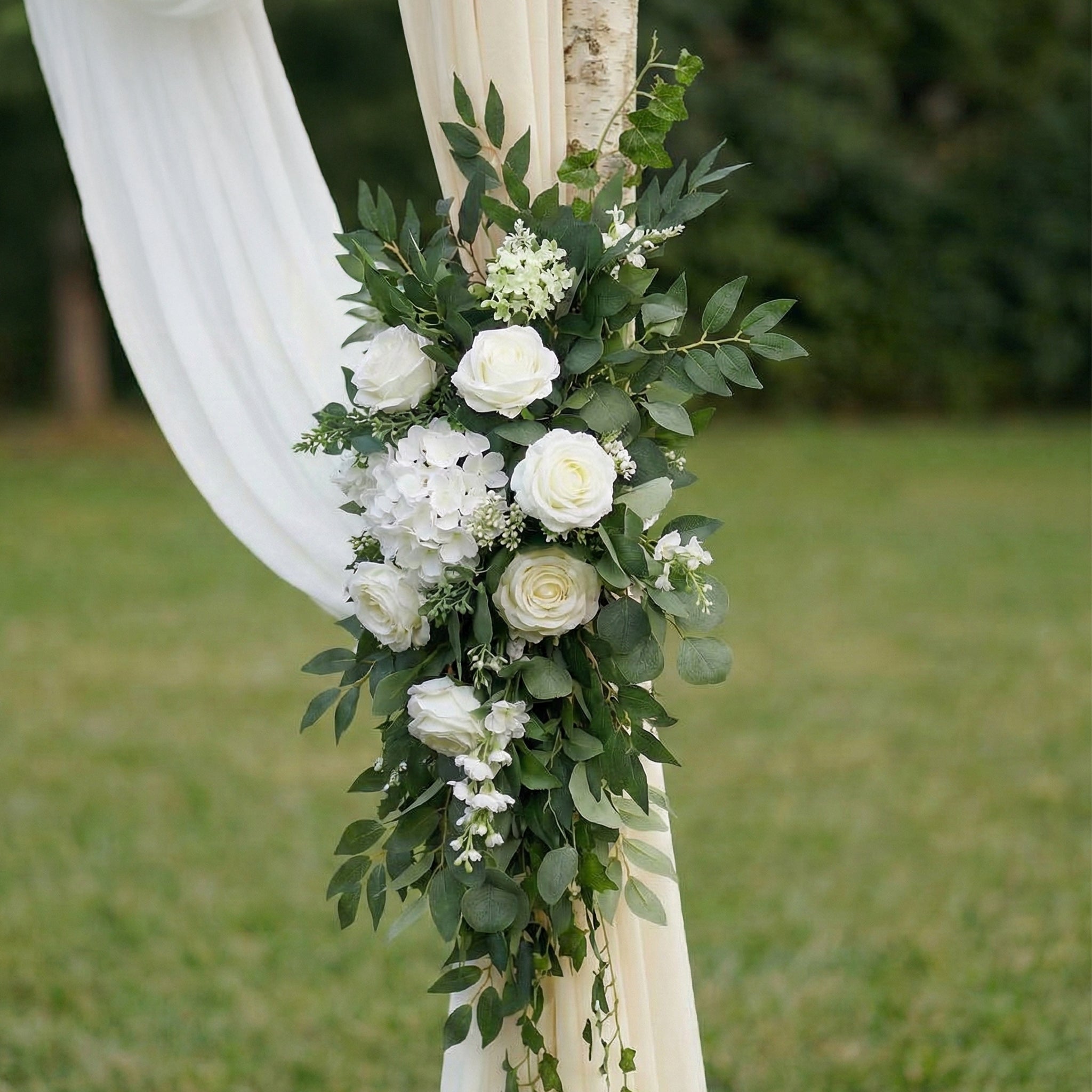 White Rose &amp; Greenery Floral Swag Set Flowers Kit with Drapes for Garden Wedding Backdrop