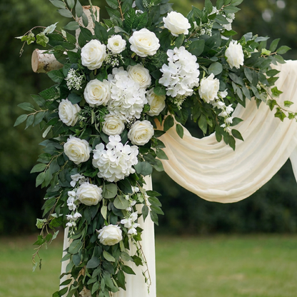 White Rose &amp; Greenery Floral Swag Set Flowers Kit with Drapes for Garden Wedding Backdrop