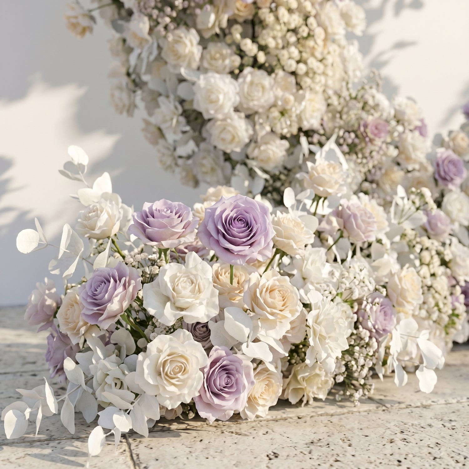 Talyana: Heart-Shaped Lavender Purple and Ivory White Silk Rose Flower Arch Floral Arrangement for Minimalist Weddings