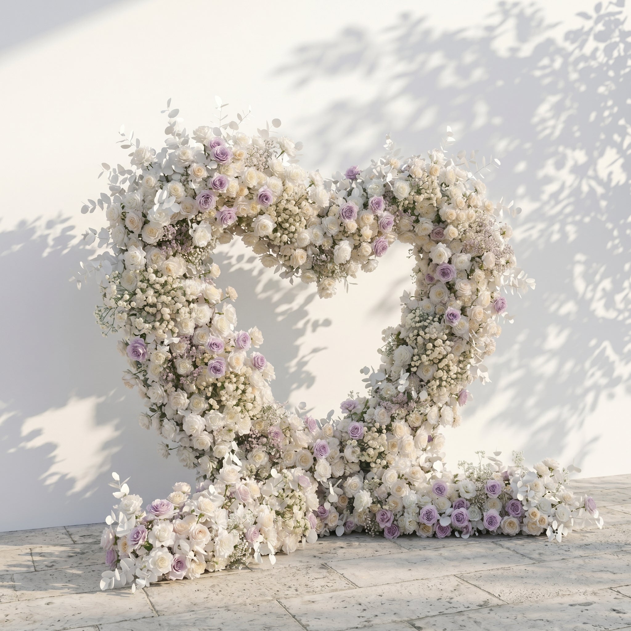 Talyana: Heart-Shaped Lavender Purple and Ivory White Silk Rose Flower Arch Floral Arrangement for Minimalist Weddings