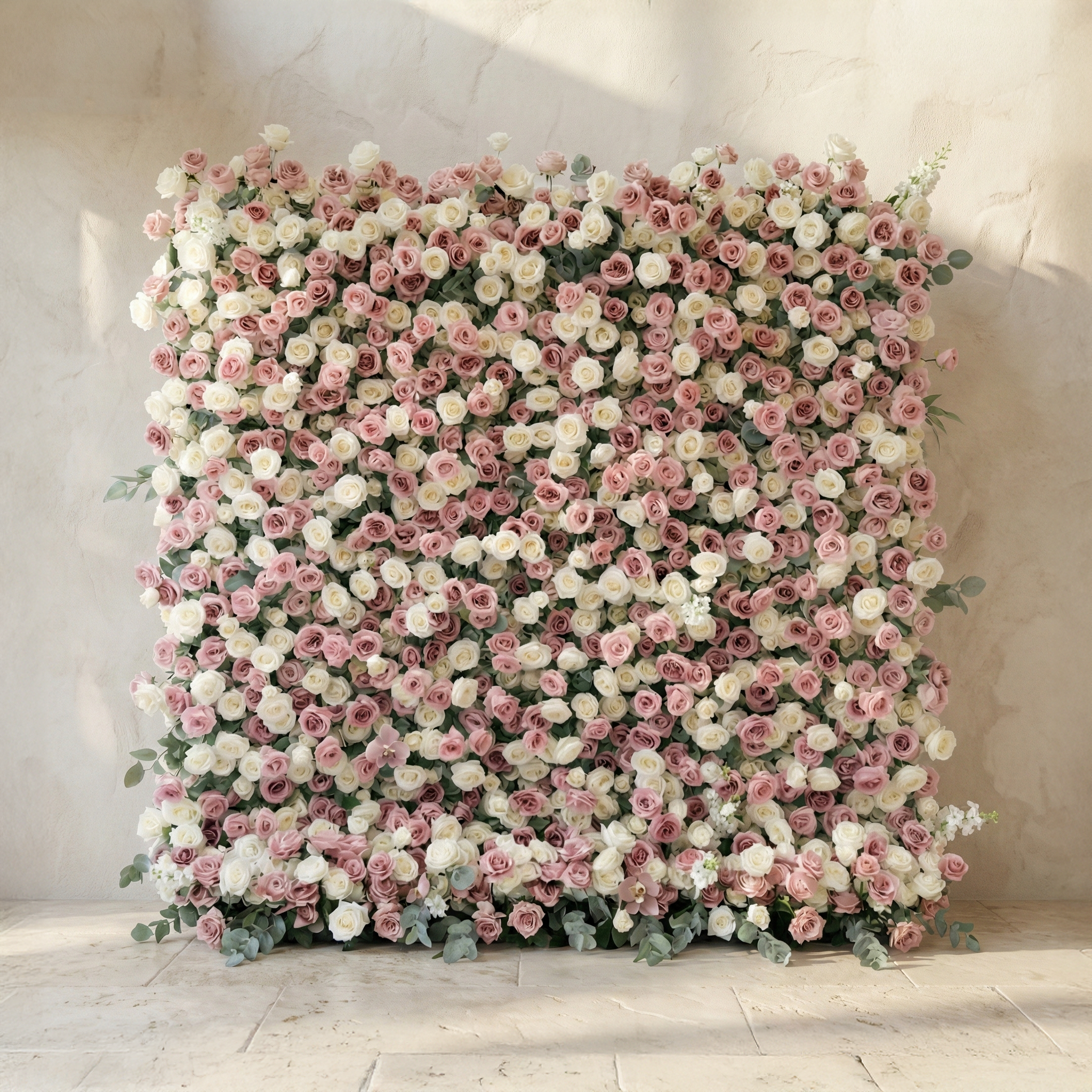 Thaliah: 5D Elegant Dusty Rose &amp; Cream Silk Rose Flower Wall Roll-Up Fabric Backdrop for Luxury Weddings &amp; Events