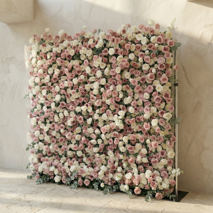 Thaliah: 5D Elegant Dusty Rose &amp; Cream Silk Rose Flower Wall Roll-Up Fabric Backdrop for Luxury Weddings &amp; Events