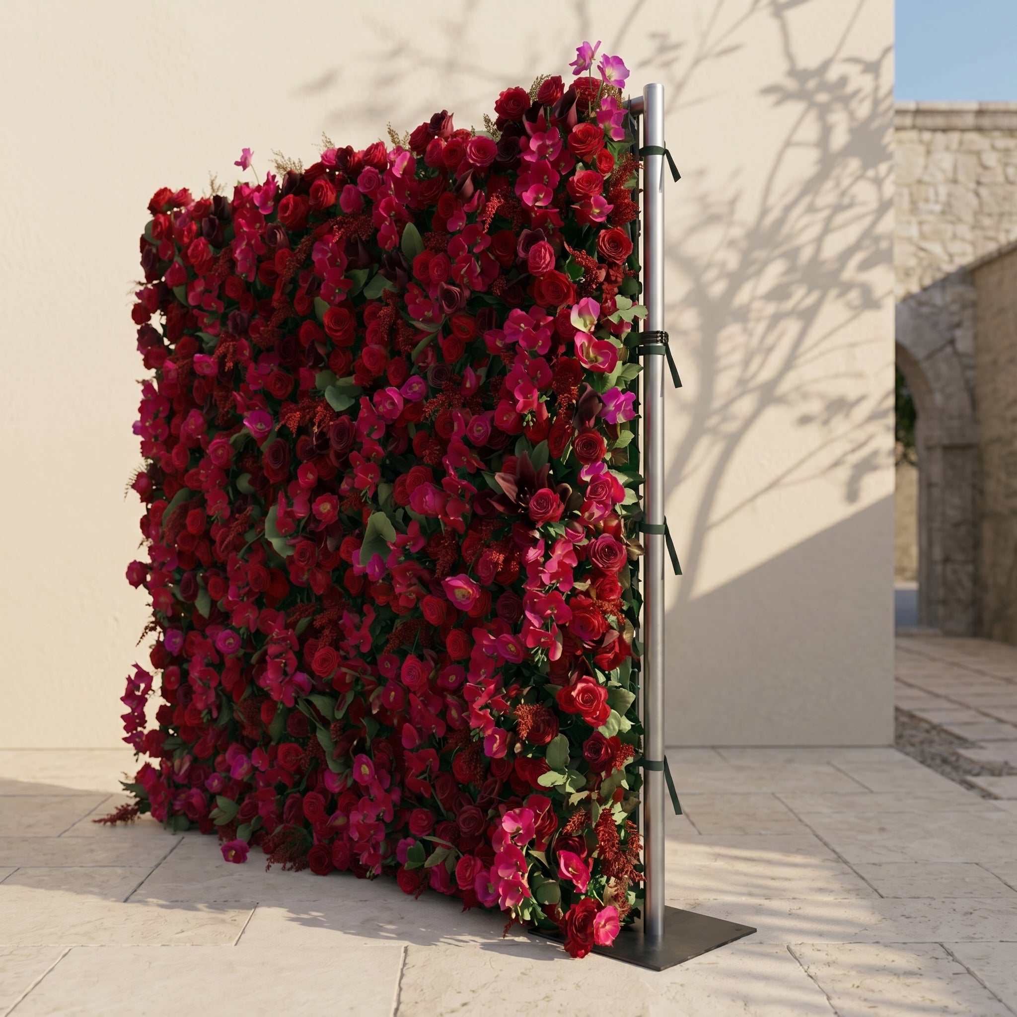 Torella:5D Luxury Burgundy Red Silk Rose Flower Wall Roll-Up Fabric Backdrop for Romantic Weddings &amp; Proposals