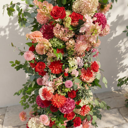 Torie: Luxury Deep Red, Blush Pink &amp; Warm Peach Silk Floral Ground Horn Arch Arrangement with Lush Cascading Greenery for Romantic Weddings &amp; Garden Event Decor Including Frame