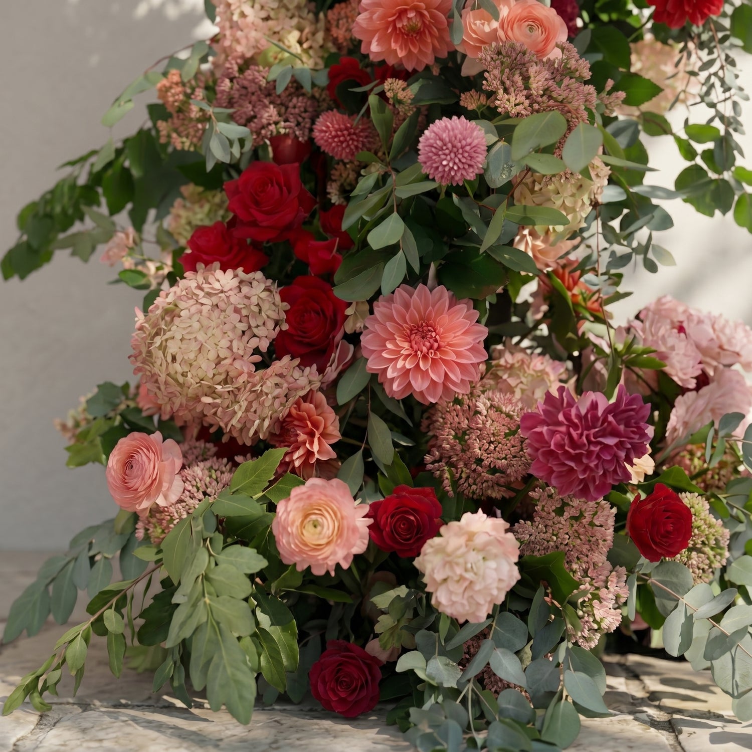 Torie: Luxury Deep Red, Blush Pink &amp; Warm Peach Silk Floral Ground Horn Arch Arrangement with Lush Cascading Greenery for Romantic Weddings &amp; Garden Event Decor Including Frame