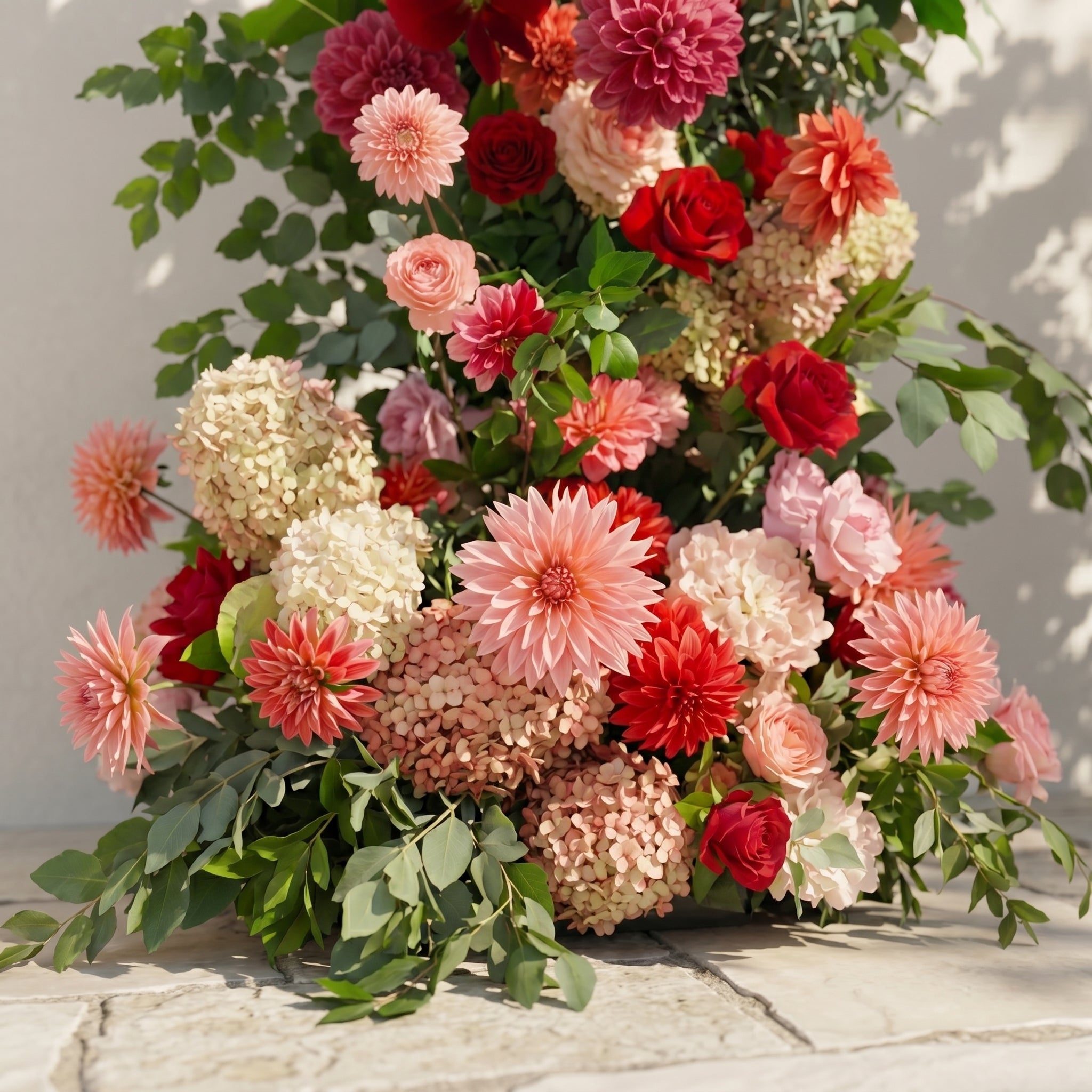 Torie: Luxury Deep Red, Blush Pink &amp; Warm Peach Silk Floral Ground Horn Arch Arrangement with Lush Cascading Greenery for Romantic Weddings &amp; Garden Event Decor Including Frame