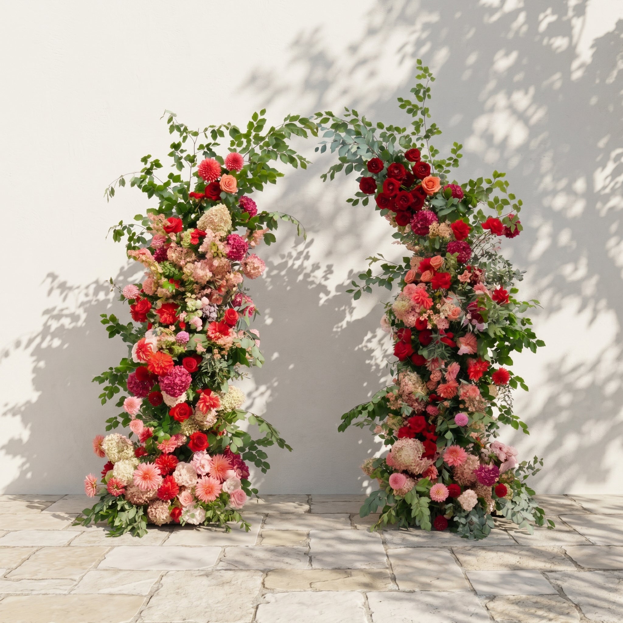 Torie: Luxury Deep Red, Blush Pink &amp; Warm Peach Silk Floral Ground Horn Arch Arrangement with Lush Cascading Greenery for Romantic Weddings &amp; Garden Event Decor Including Frame